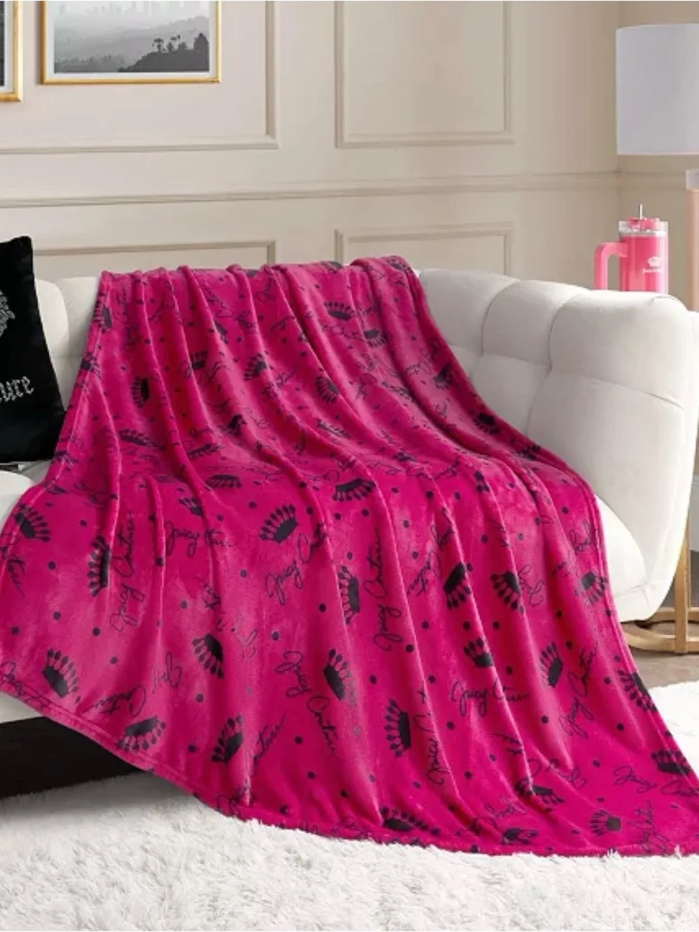 Juicy Couture Hot Pink Signature Plush Throw with Black Motif